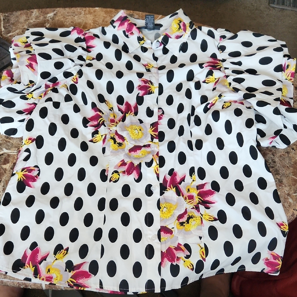 Ashley Stewart White Polka Dot and Pink Floral Button Down Shirt